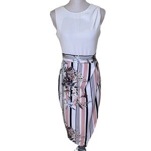 Closet Draped Cream Top with Blush Stripe/Floral Print Skirt Dress 6